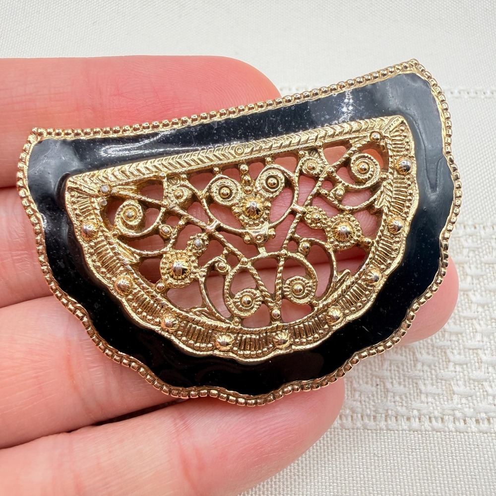 Vintage Art Deco Style Gold Tone Fan Brooch w/ Black Enamel and Filigree Details